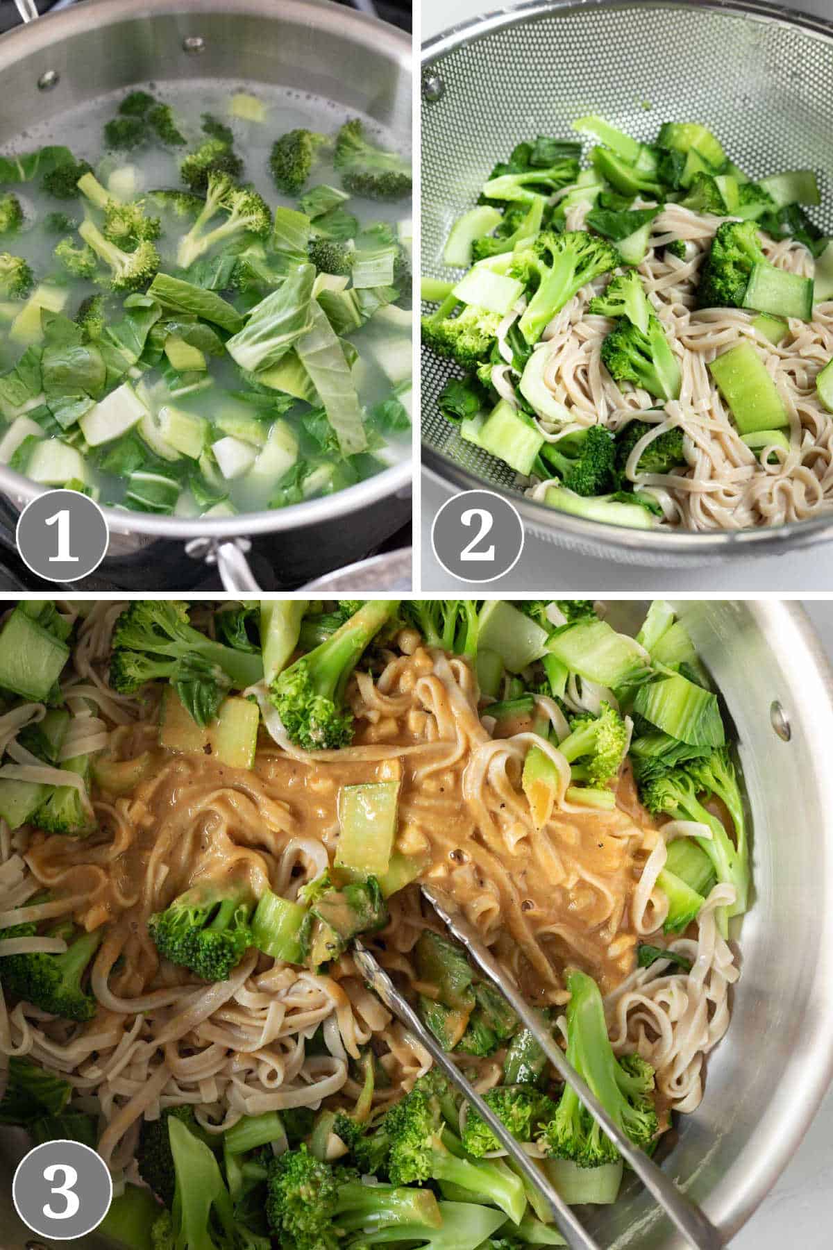 A 3-photo collage showing the steps of cooking noodles, draining, and tossing with tahini sauce.