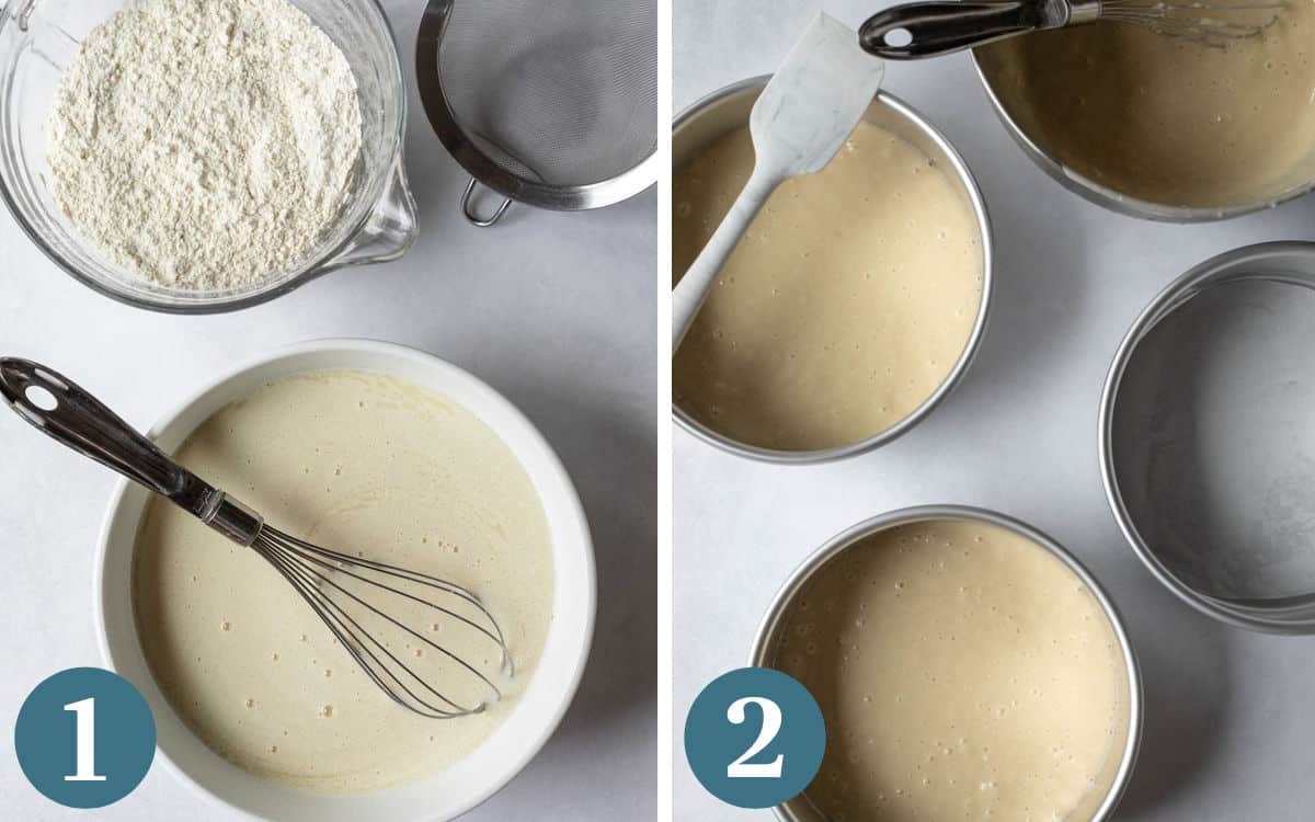 Two photos showing how to mix the cake batter and pour into pans.