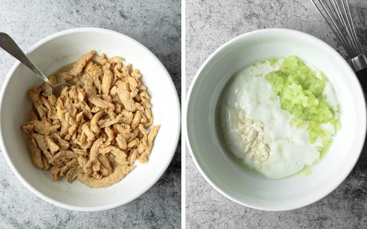 Two photos showing how to marinate the soy curls and make the cucumber yogurt sauce.