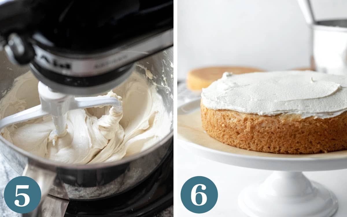 Two photos showing how to make vegan buttercream frosting and spread it on a cake layer.
