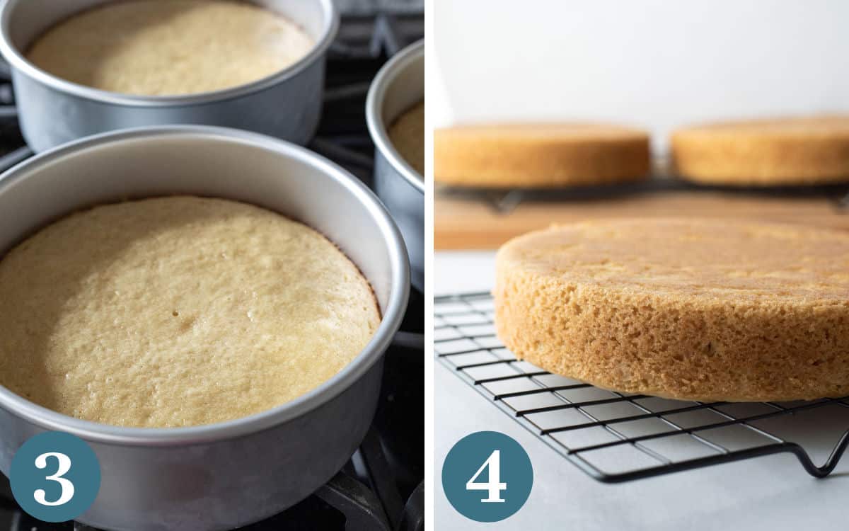 Two photos showing the cake layers cooling in pans and on racks.
