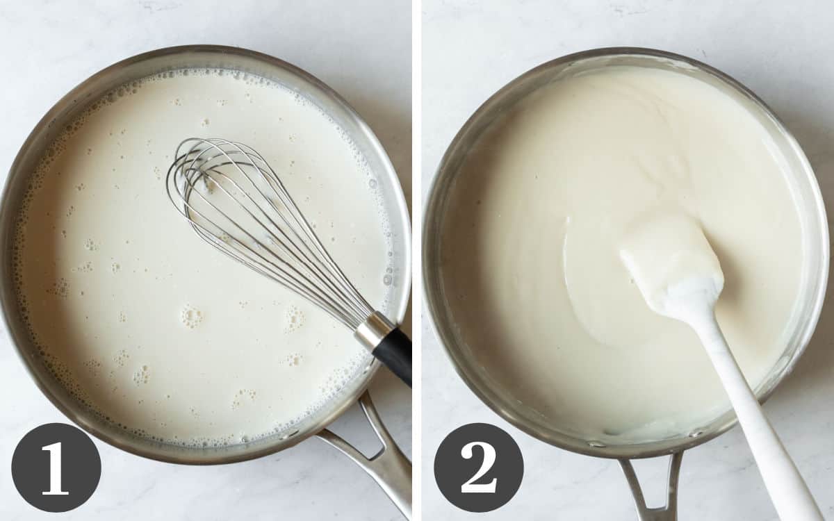Two photos showing how the pudding mixture thickens on the stovetop.