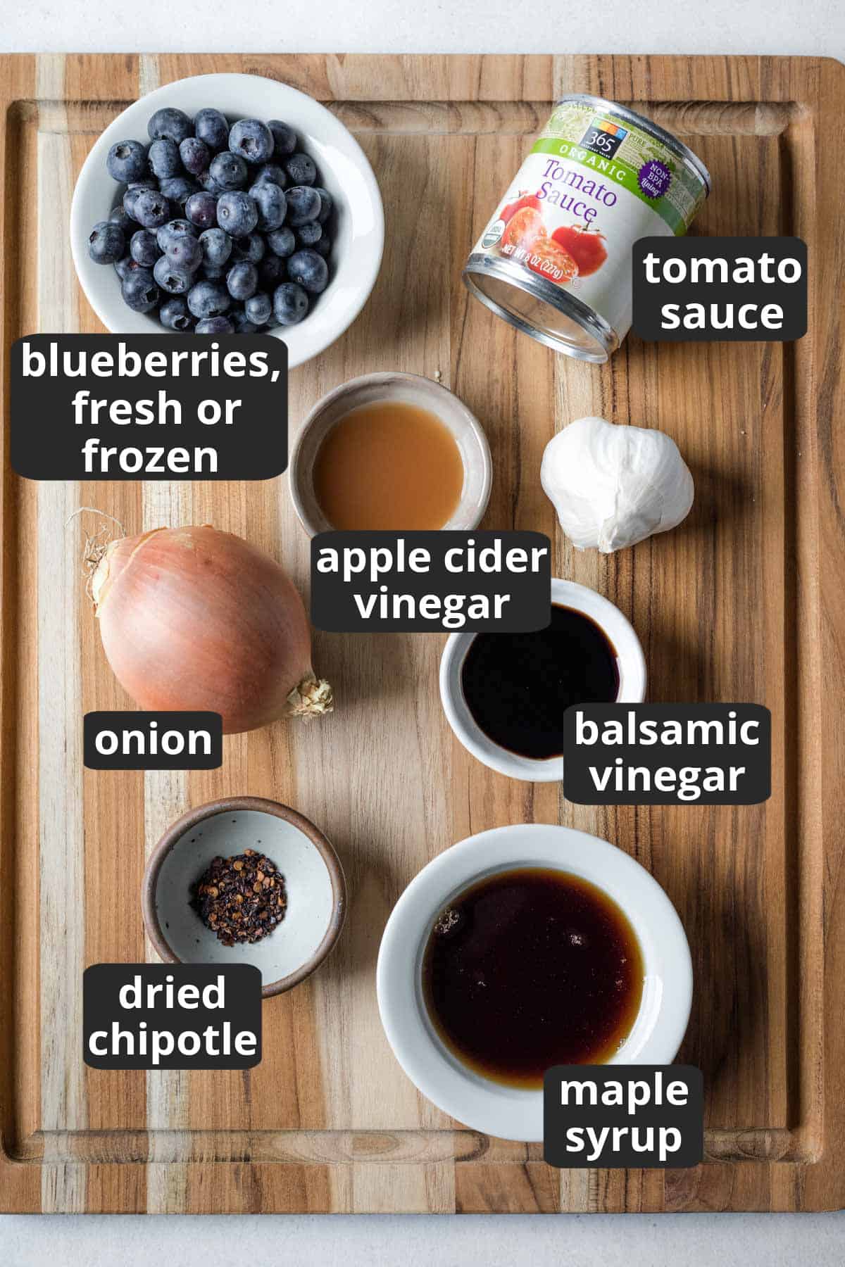 A labeled photo of the 8 ingredients needed to make blueberry barbecue sauce.