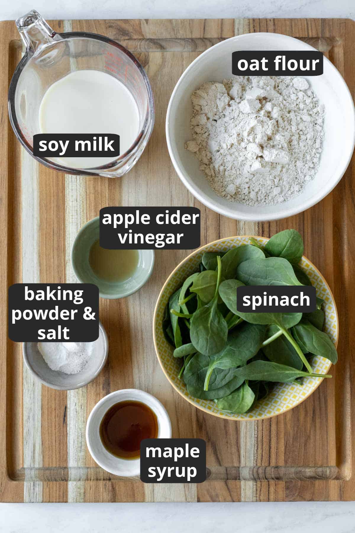 Labeled photo of the 7 ingredients needed to make spinach pancakes.
