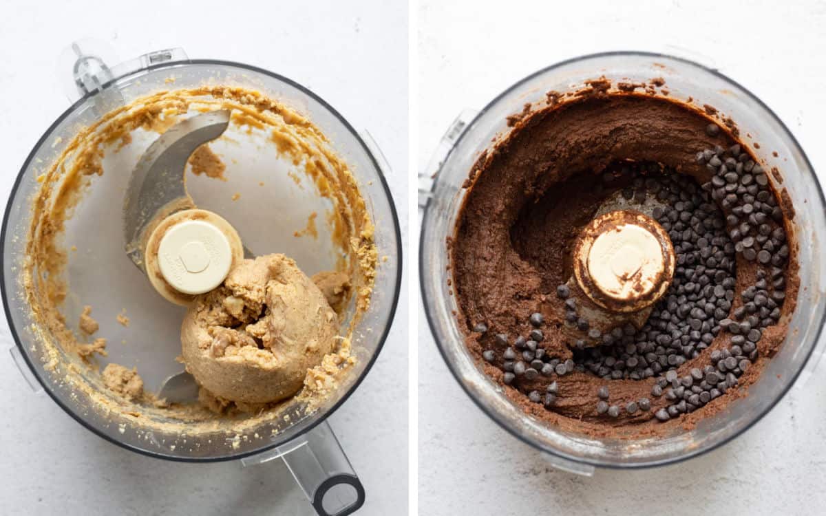 Two photos showing the stages of blending the ingredients into cookie dough.