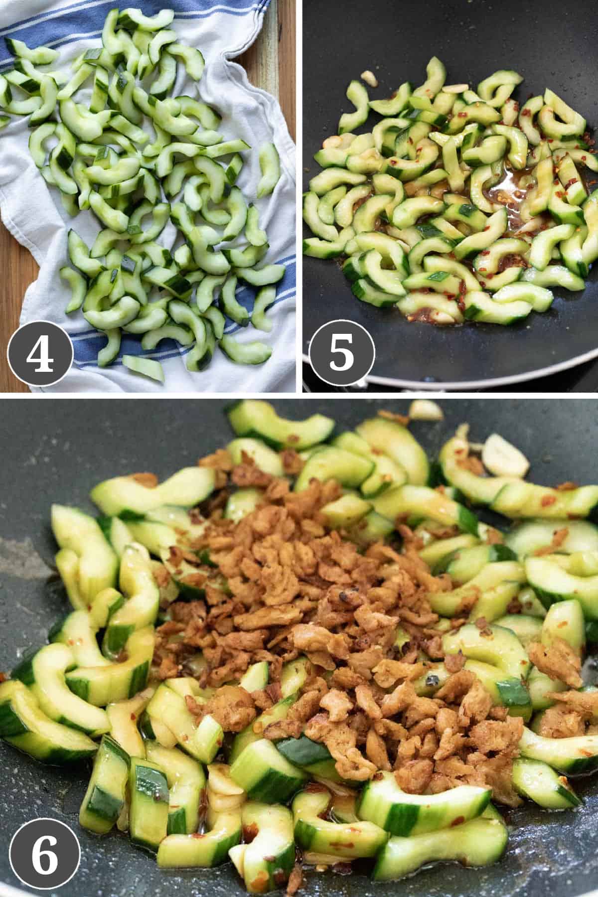 A collage of 3 photos showing how to stir fry cucumbers and combine with sauce and mock pork.