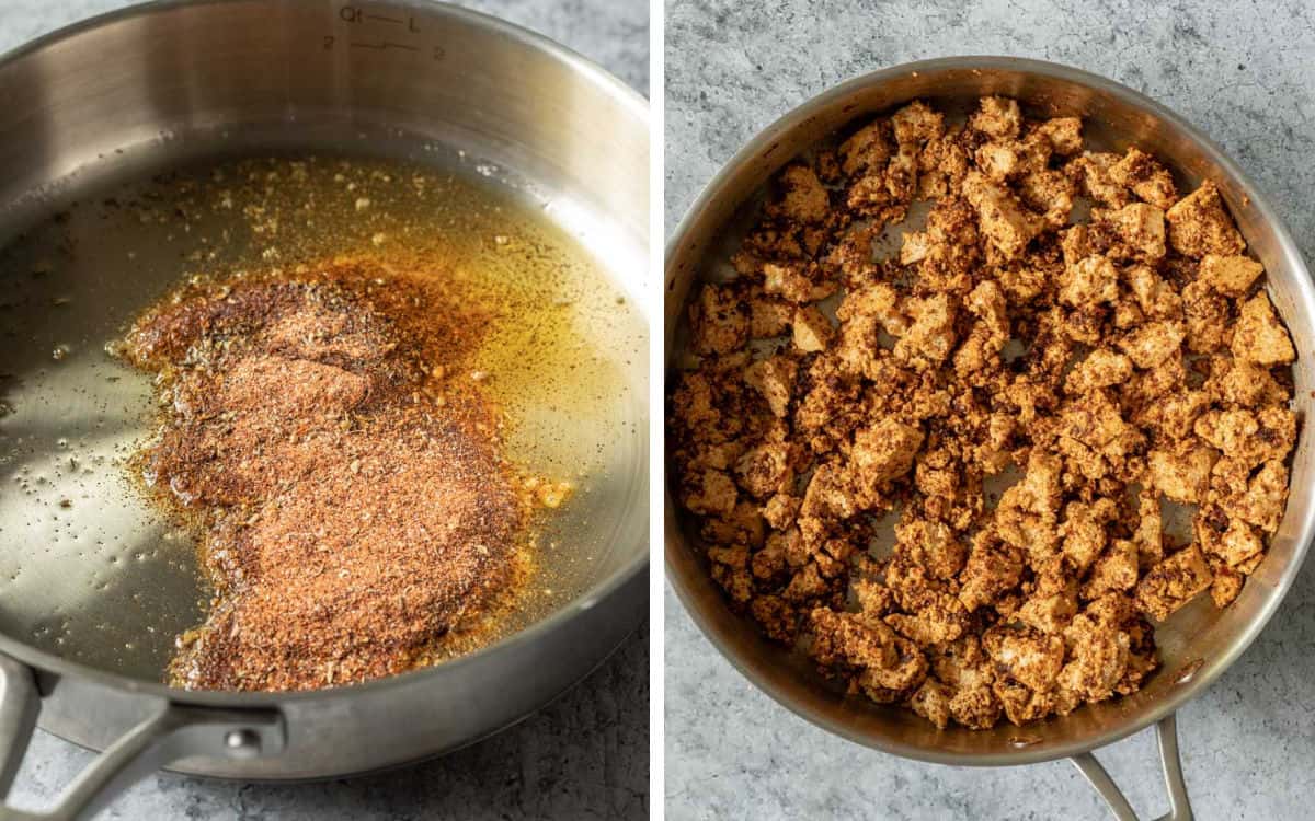 Two photos showing how to bloom the chorizo spices on oil then add crumbled tofu to pan.