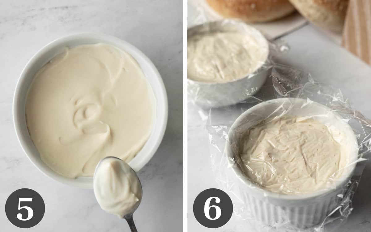 Two photos showing how to spread the creamy heated mixture in a mold then cover and chill.
