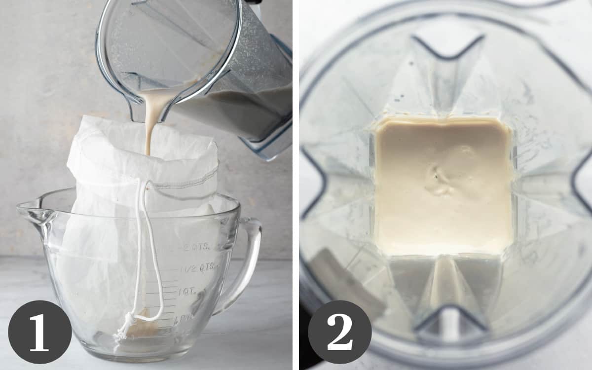 Two photos showing how to make oat milk then blend it with tofu.
