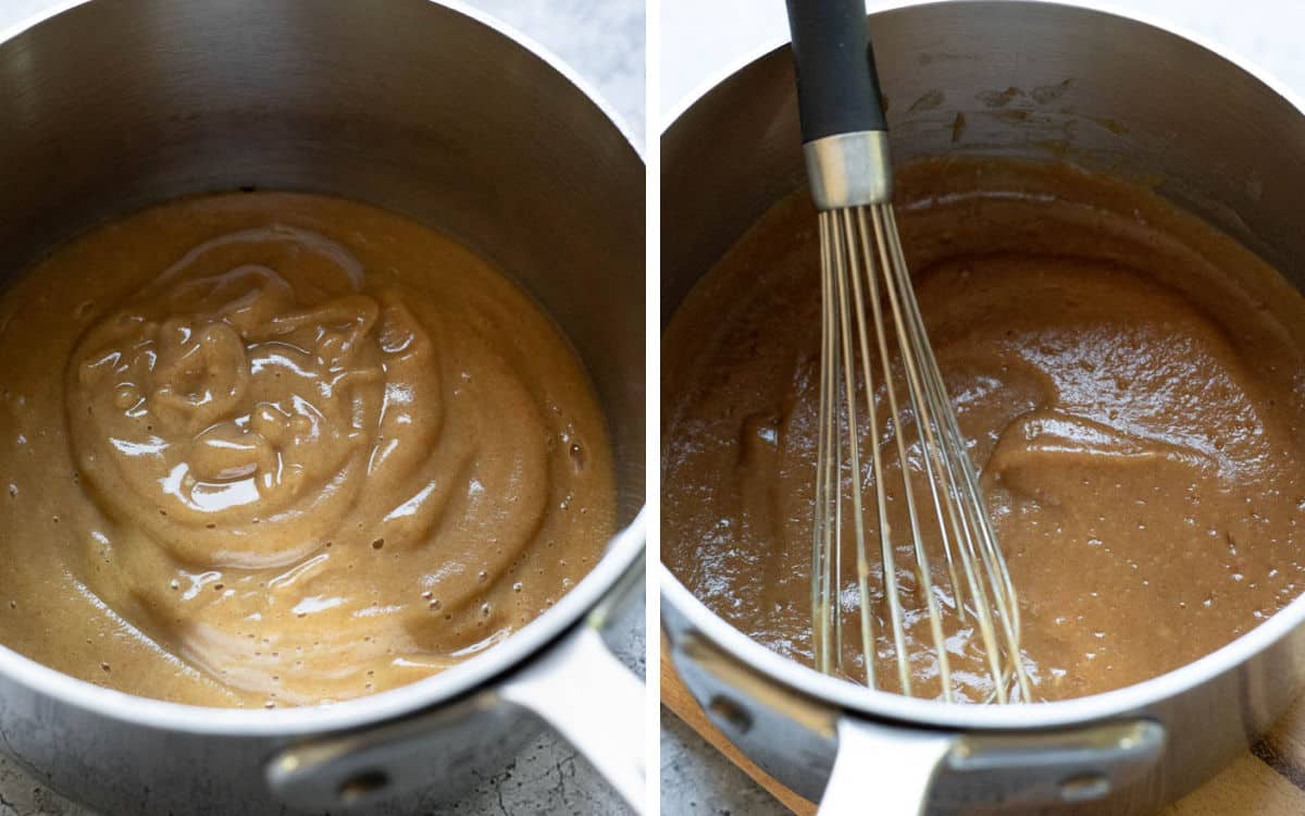 Two photos showing how the date caramel changes during cooking on the stovetop.