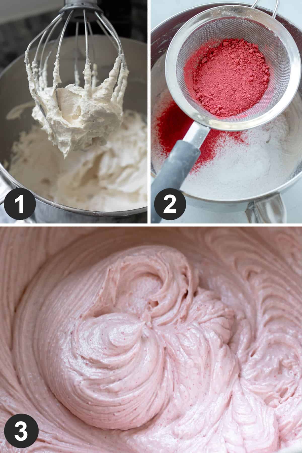A collage showing the stages of making vegan strawberry frosting for cake.