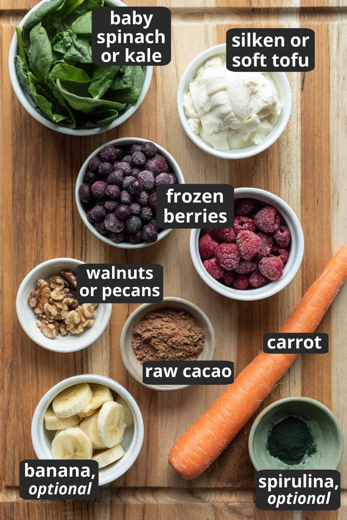Labeled photo of the ingredients needed to make an antioxidant rich tofu smoothie.