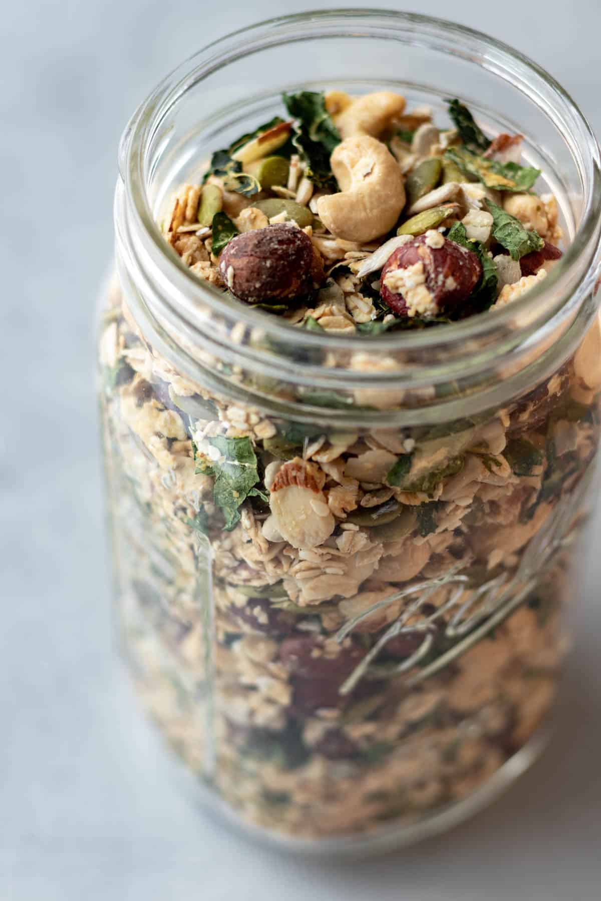 Savory Granola in a Mason jar.