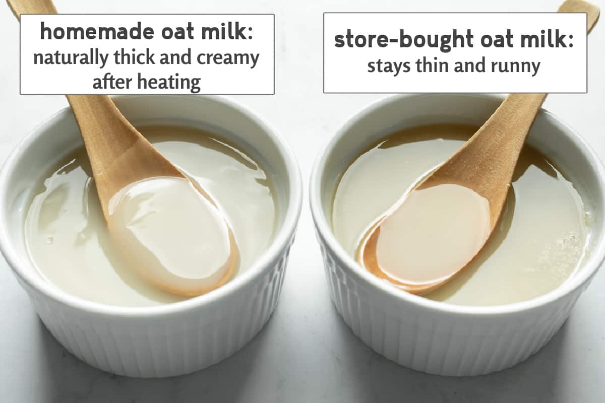 Two ramekins side by side showing the difference in the recipe when made with homemade versus store-bought oat milk.