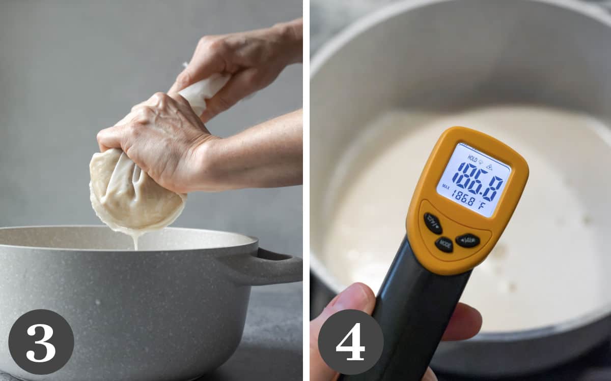 Squeezing the milk through a nut milk bag and simmering the final product on the stove.