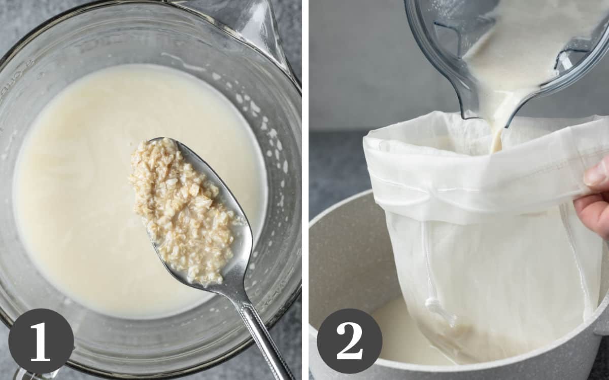Two photos showing the enzymatic process of soaking oats and then blending and straining to separate the oat pulp.