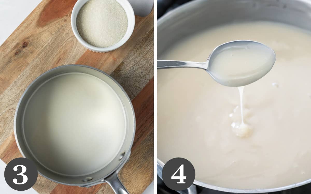Two photos showing how to combine the ingredients in a pan then cook until creamy and thickened.
