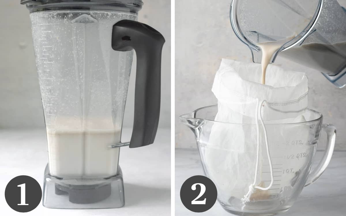 Two photos showing oat milk in a blender and being strained through a nut milk bag.
