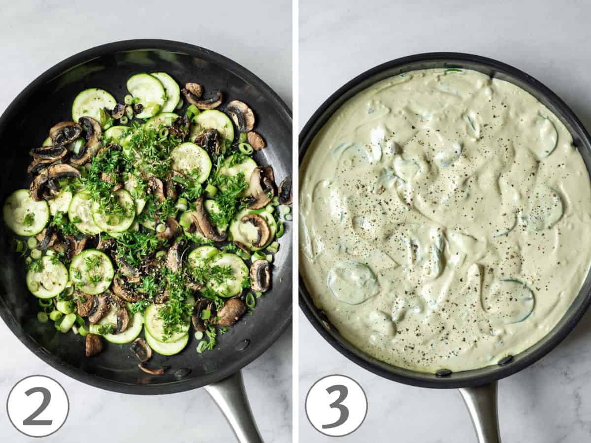 Two photos showing how to saute the vegetables for a frittata then add the tofu egg.