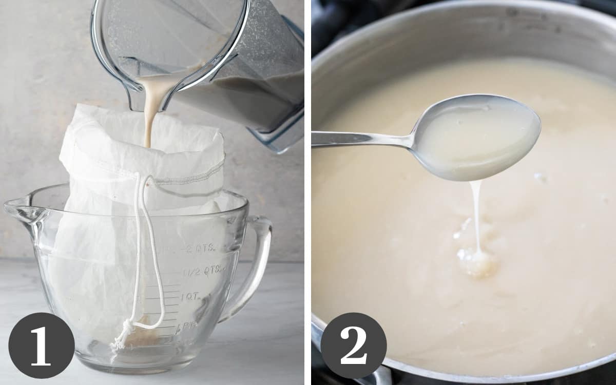 Two photos showing how to make condensed oat milk at home to use in key lime pie.