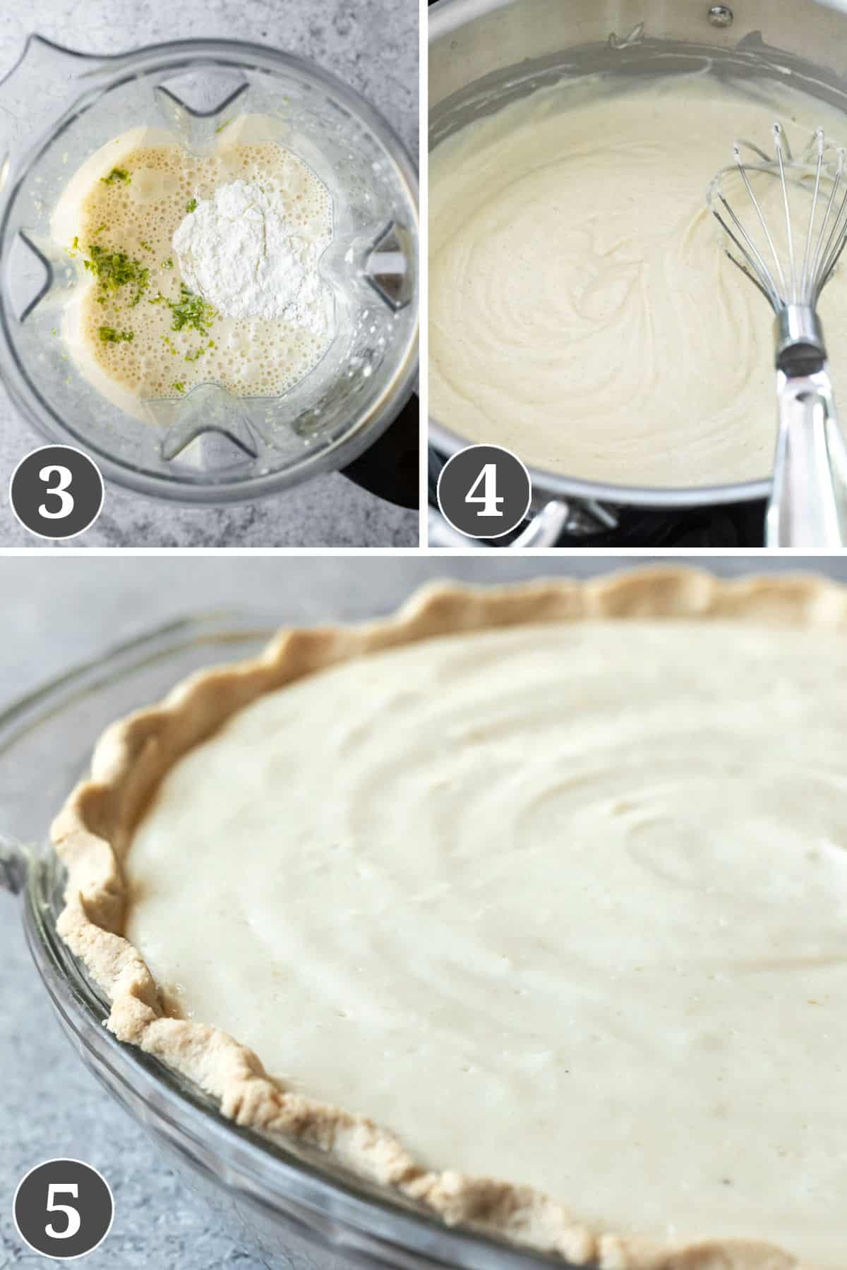 A 3-photo collage showing how to make the filling for vegan key lime pie.