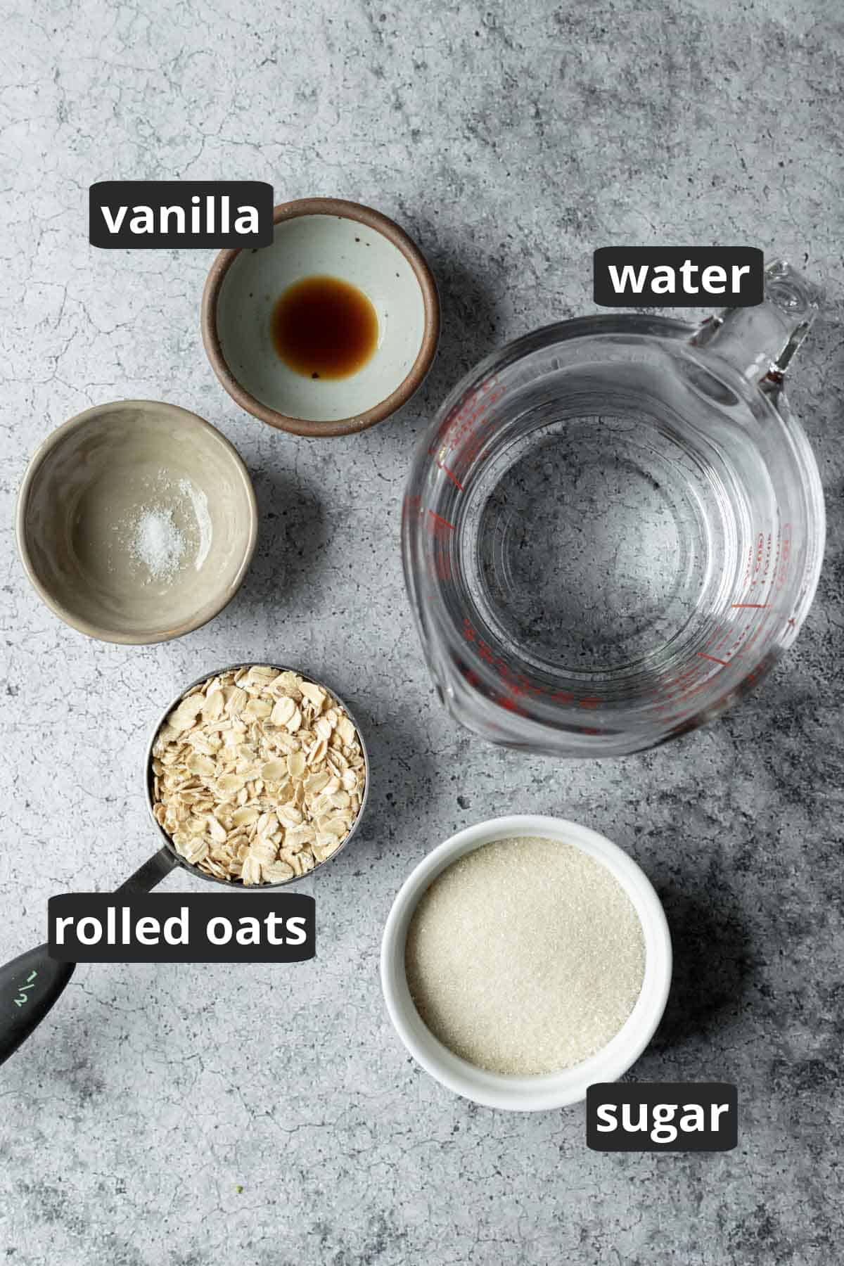 A labeled photo of the ingredients needed to make condensed oat milk.
