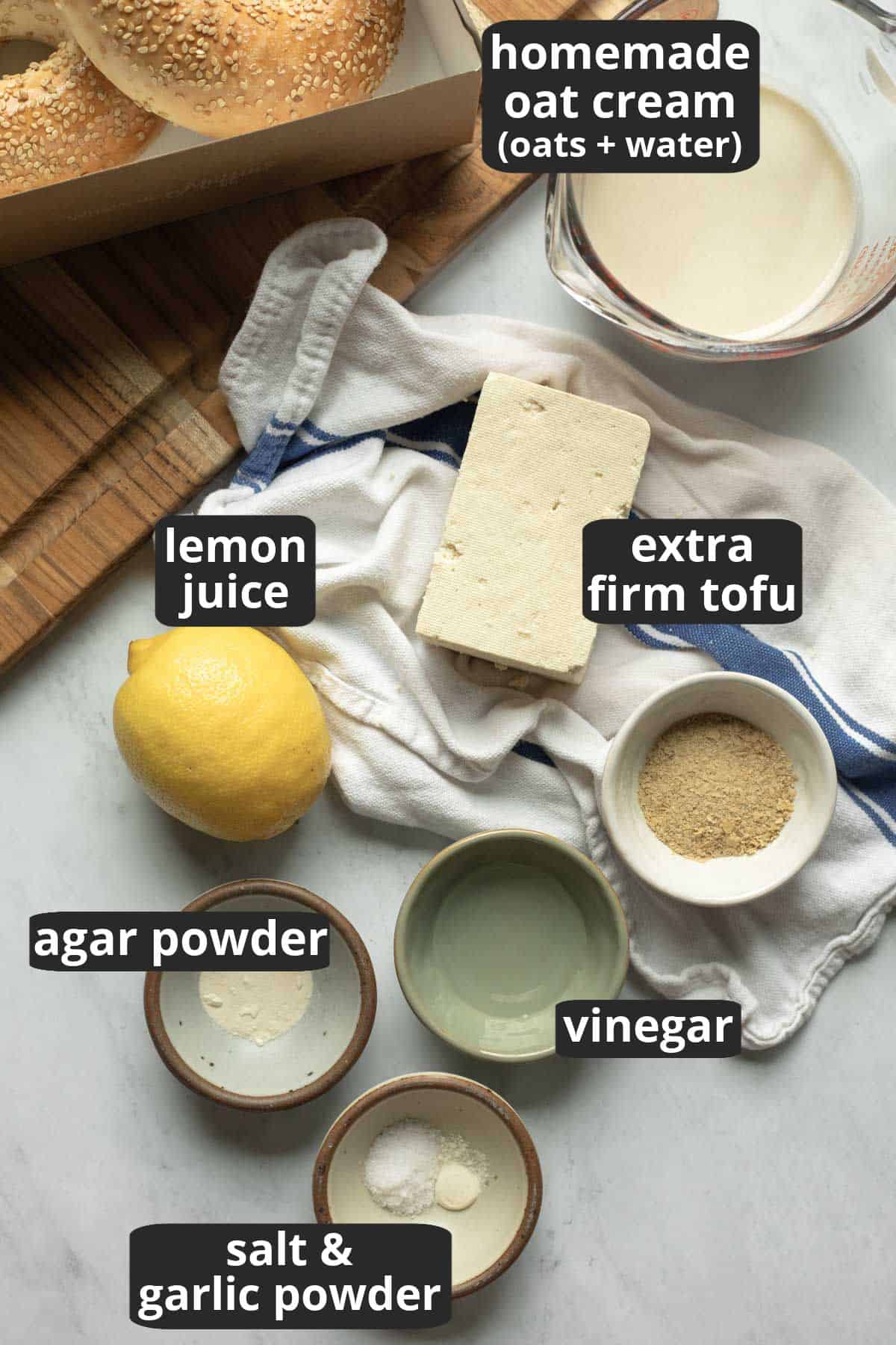 Labeled photo of the ingredients needed for tofu cream cheese.