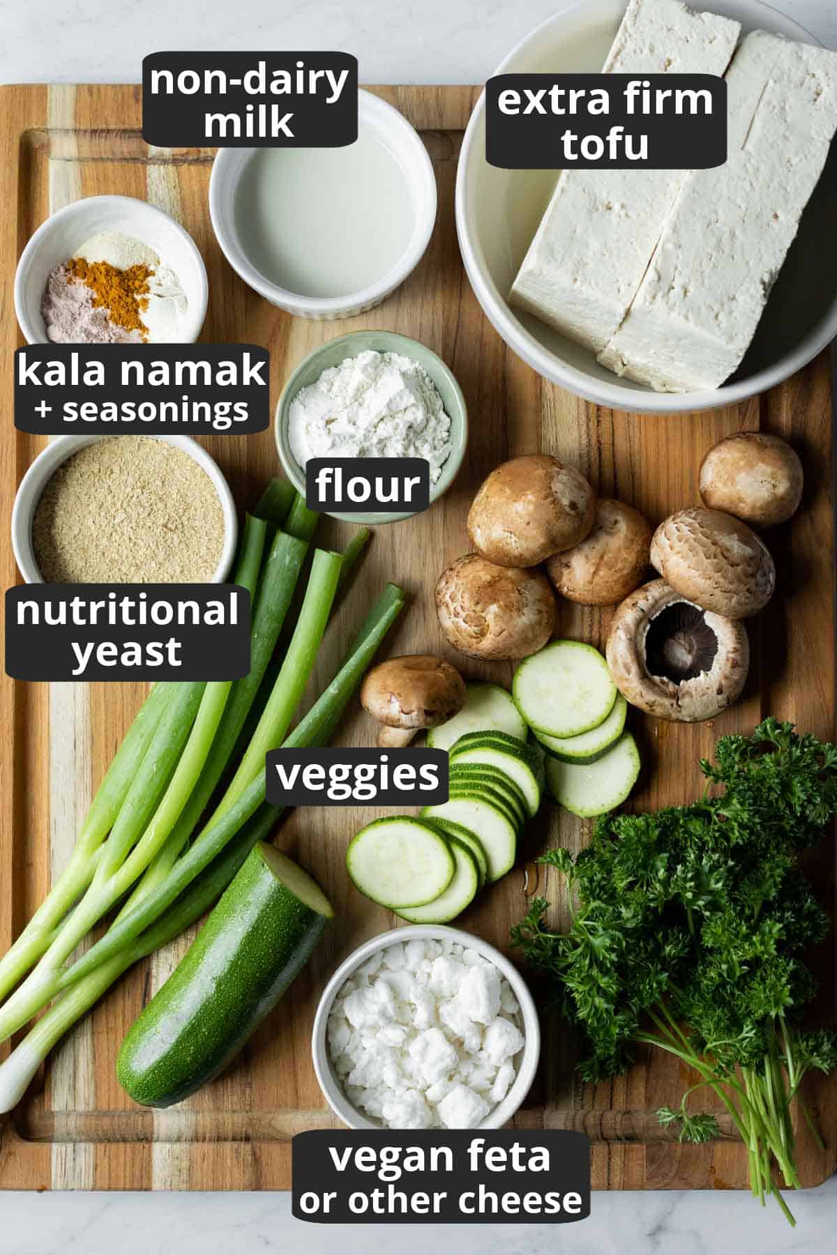 A labeled photo of the ingredients needed to make a vegan frittata with tofu.