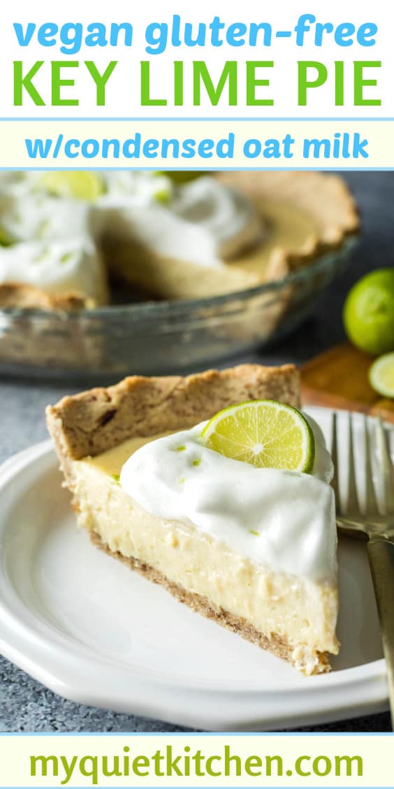 Image of key lime pie on a plate with title text to save on Pinterest.