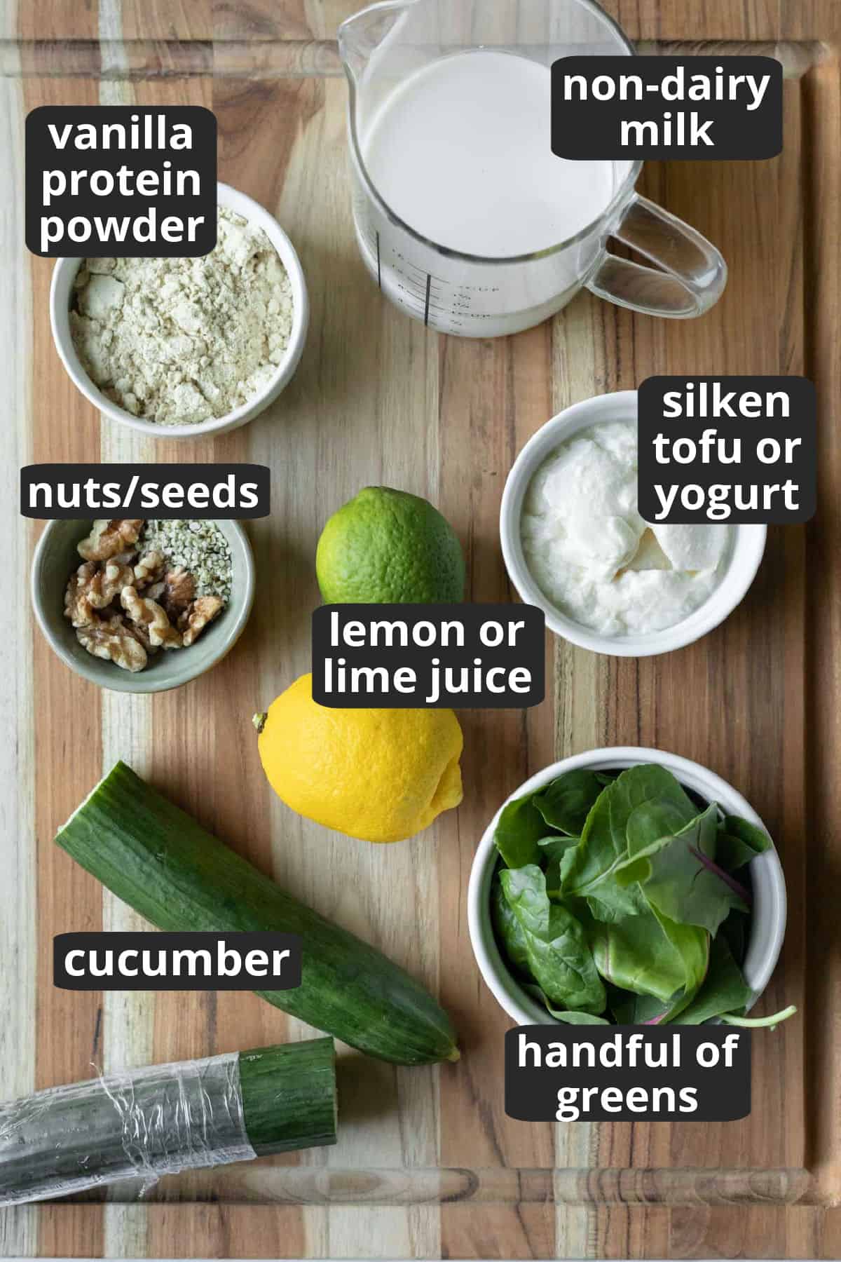 Labeled photo of the 8 ingredients needed to make a vegan cucumber smoothie.