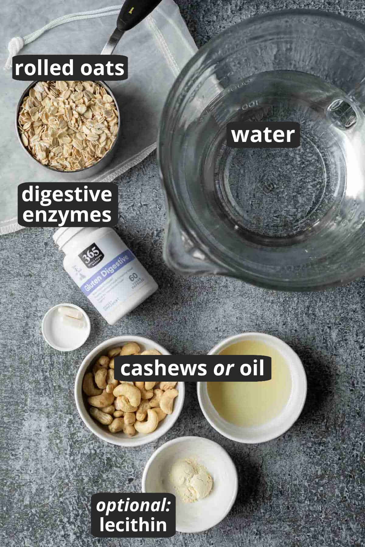 Labeled photo of the 3 ingredients needed to make oat creamer.