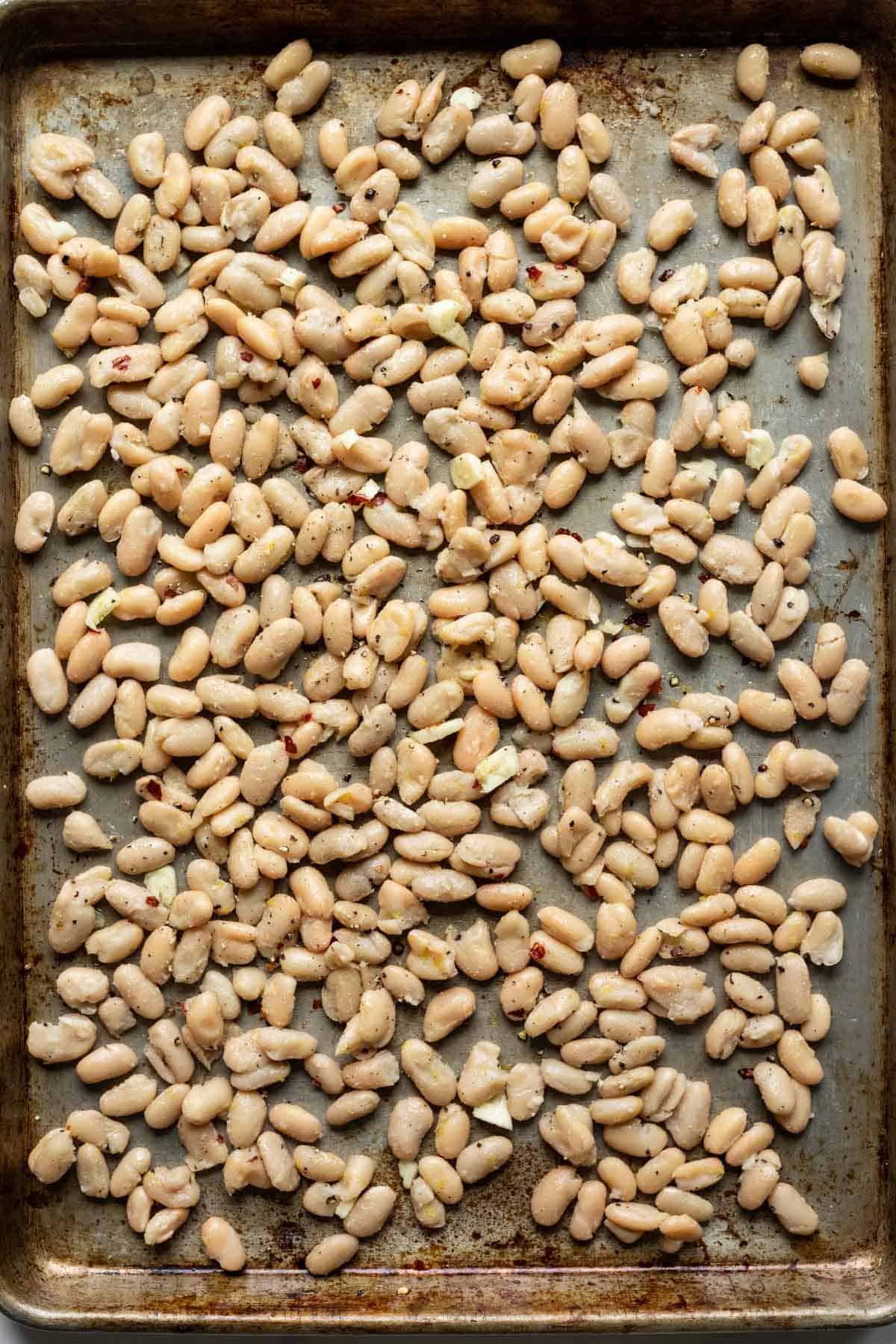 Cooked white beans seasoned with garlic and salt, spread out on a pan and ready to be roasted.