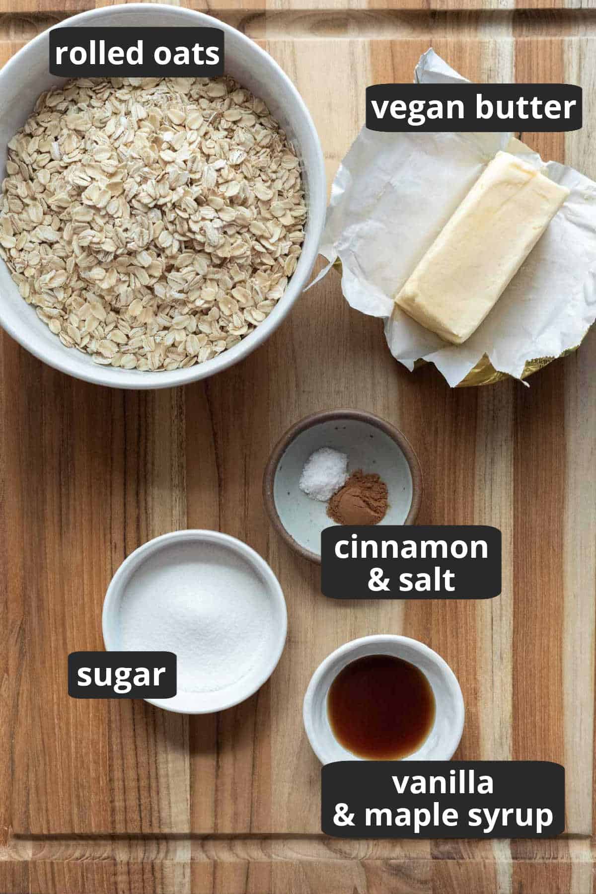 A labeled photo of the ingredients needed to make pie crust with oats.