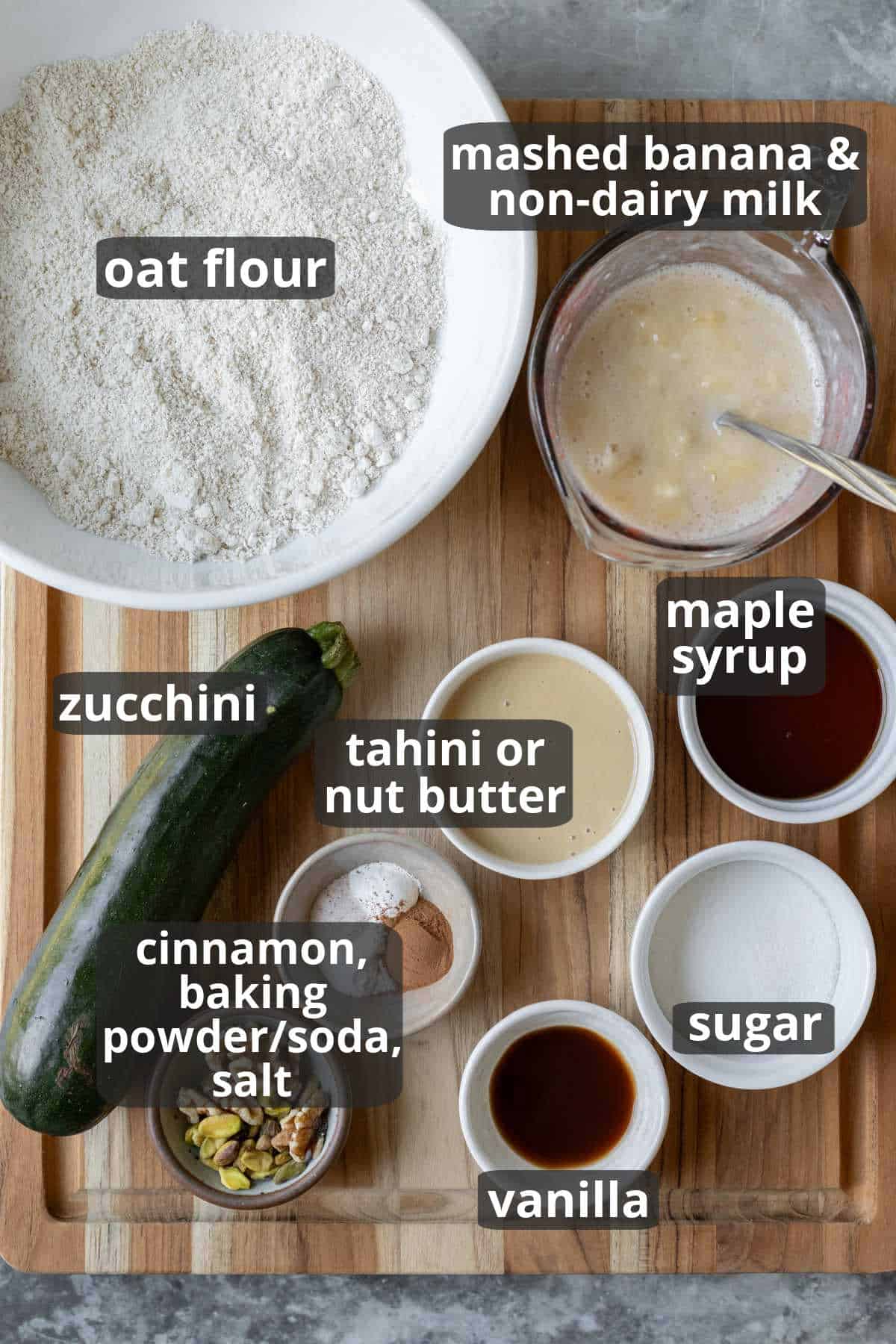 A labeled photo of the eleven ingredients needed for oat flour banana zucchini bread.