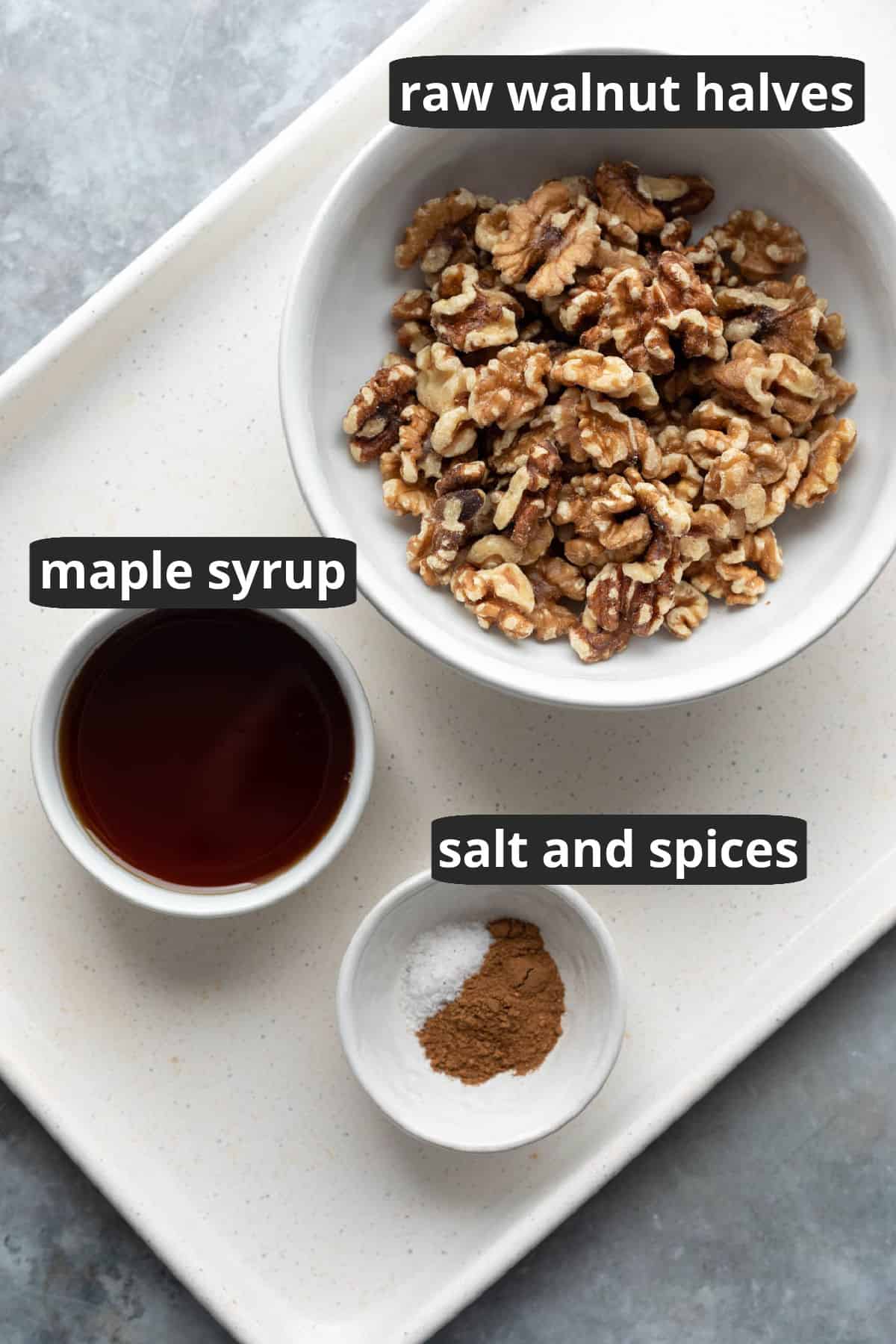 A labeled photo of the 3 ingredients needed for glazed walnuts.