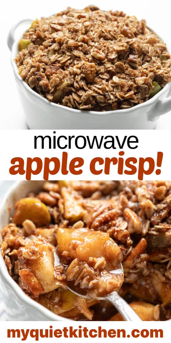 Photos of apple crisp with text overlay to save on Pinterest.