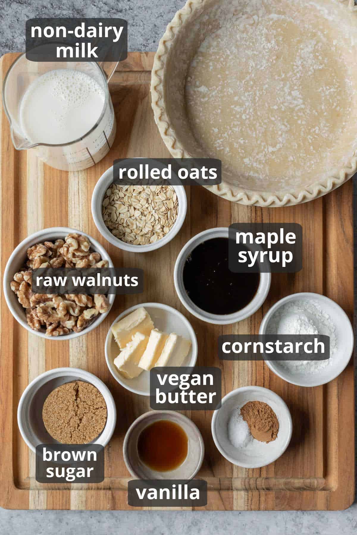 A labeled photo of the ingredients needed to make vegan walnut pie.