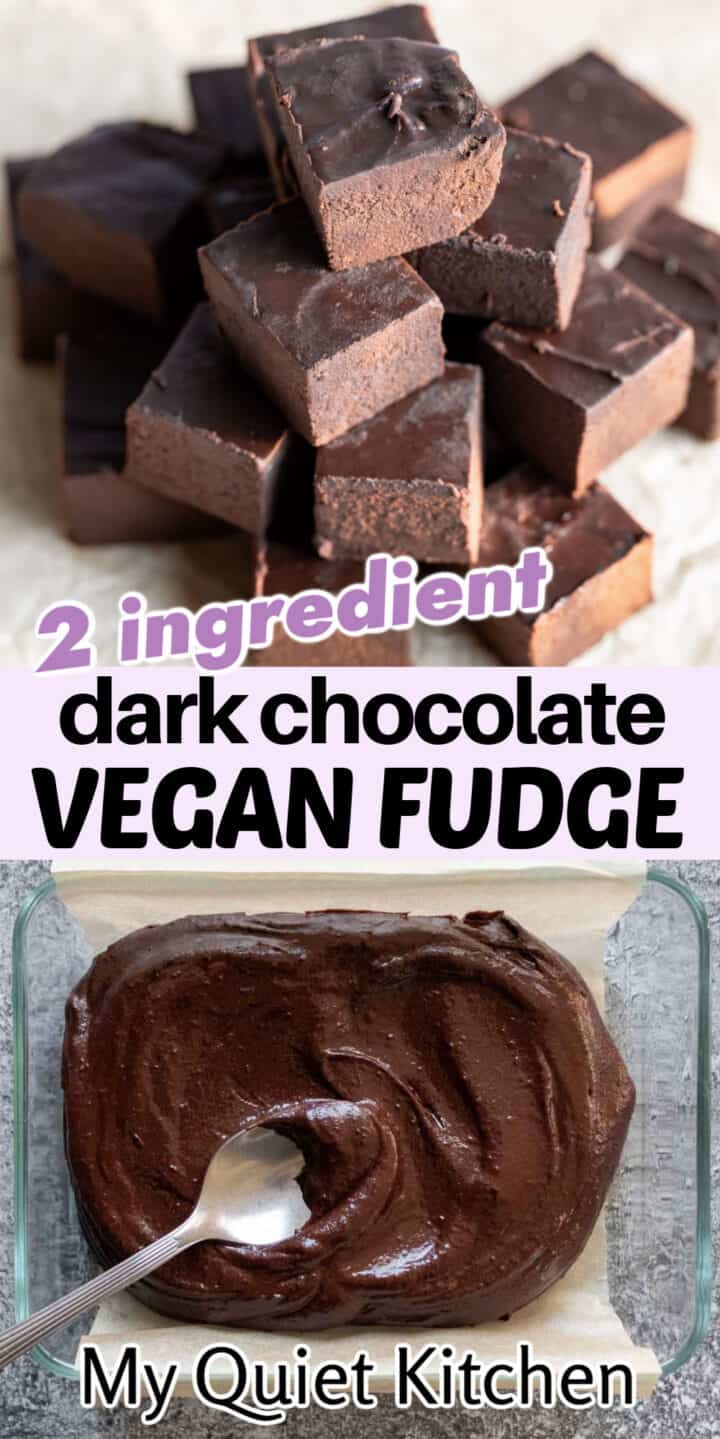 A pin to save on Pinterest with two photos of the fudge and title text.