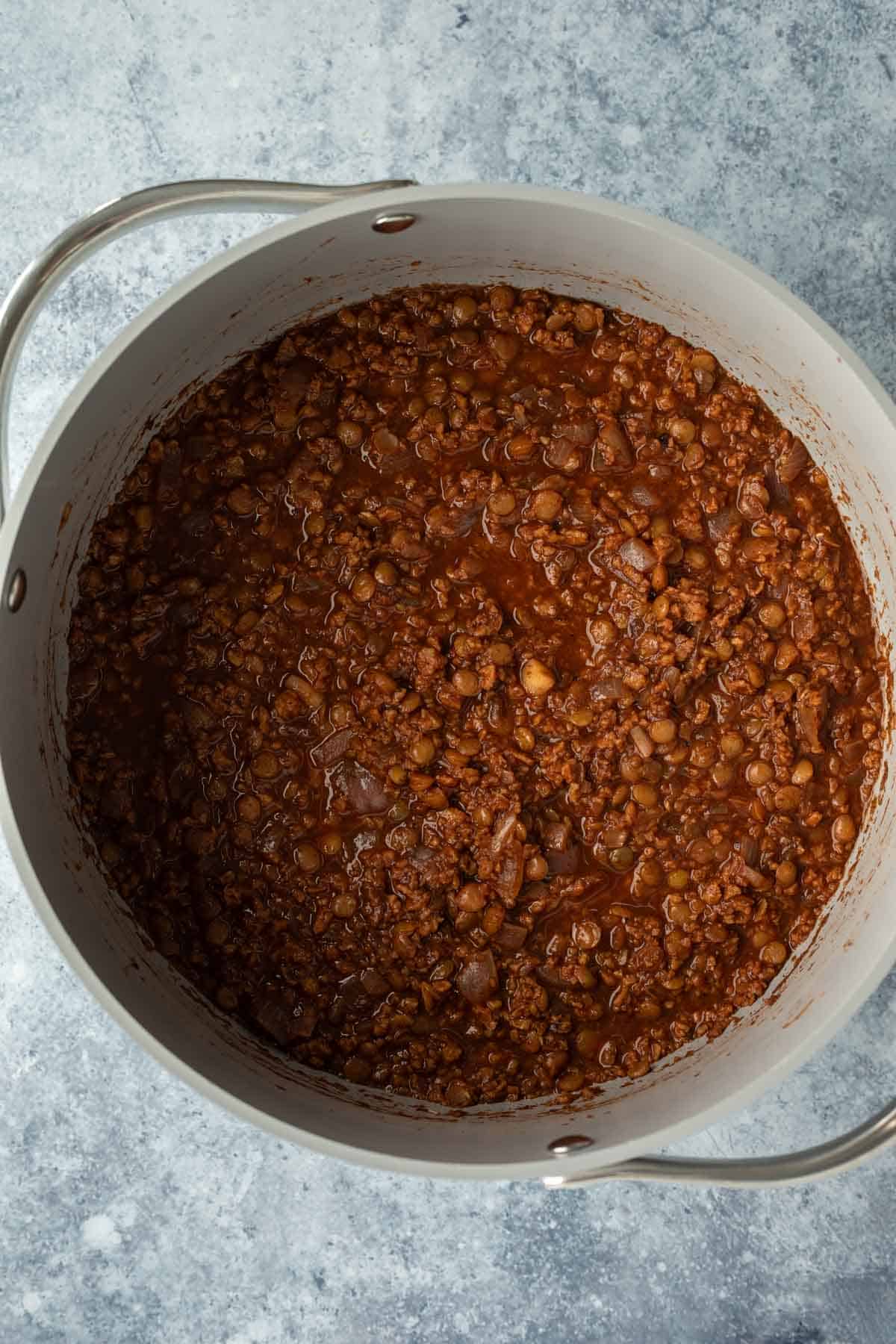 overhead of vegan Cincinnati chili in a soup pot after cooking.