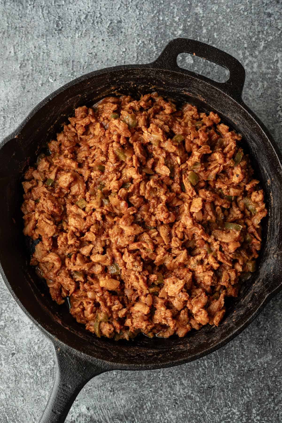The finished soy sloppy joe mixture in a skillet.
