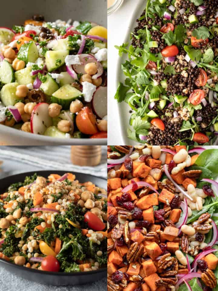 Four different salads with a variety of toppings in a collage.