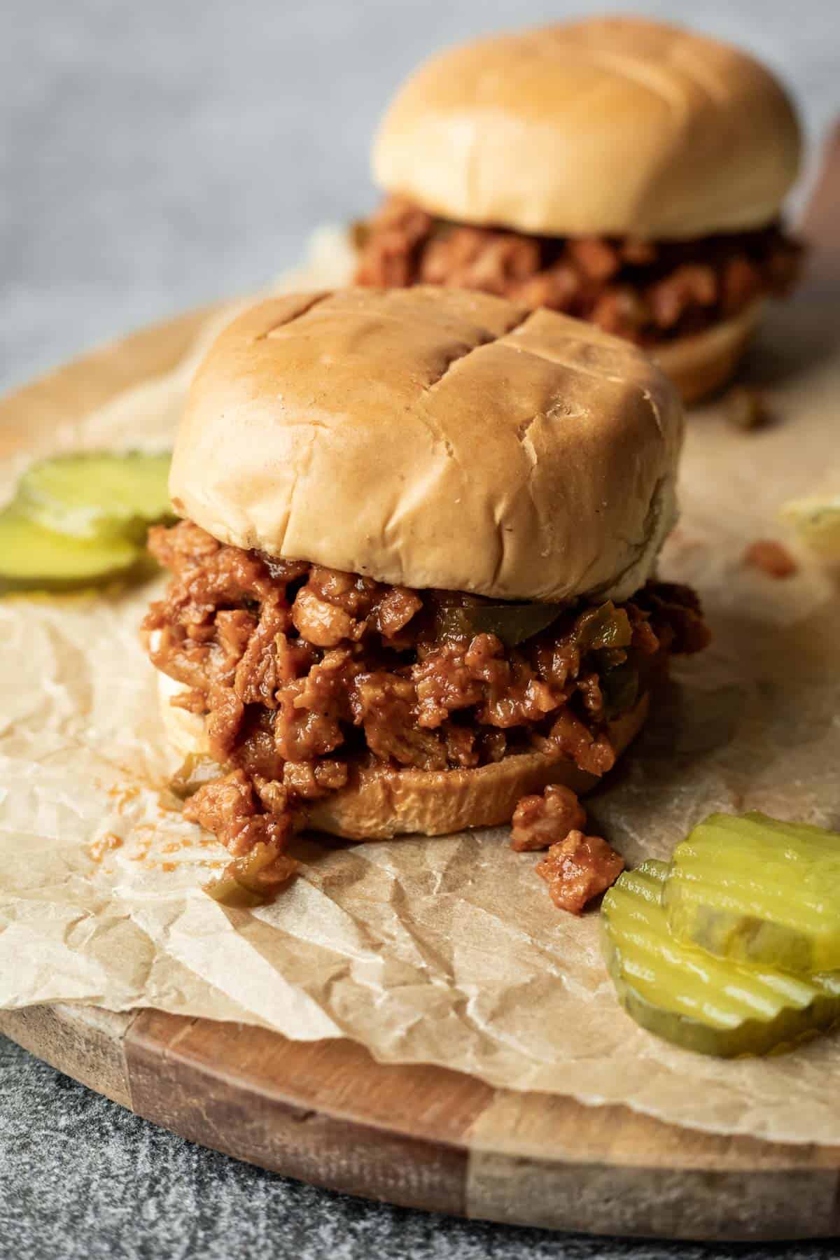 Saucy soy curl sloppy joes with pickles.