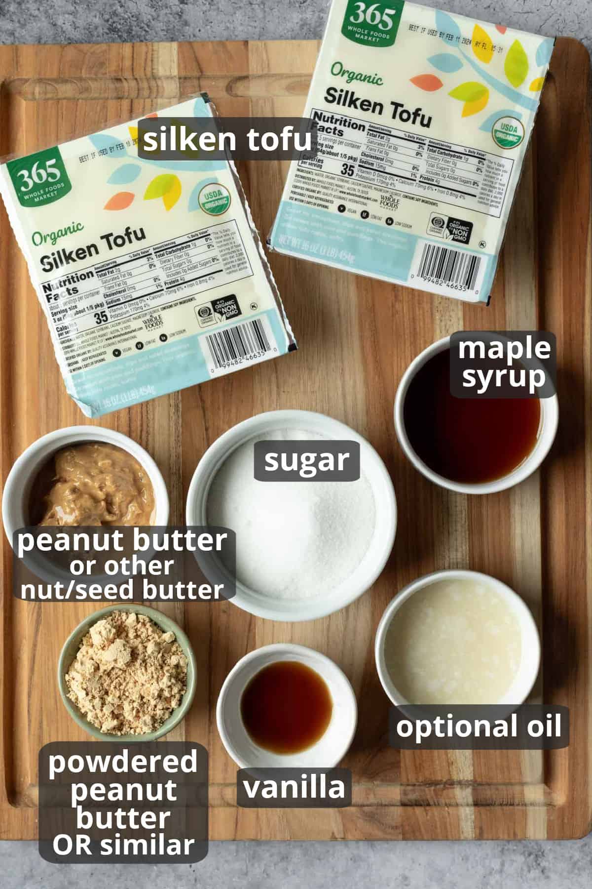overhead shot of ingredients for vegan protein ice cream on a wooden surface with text overlay.