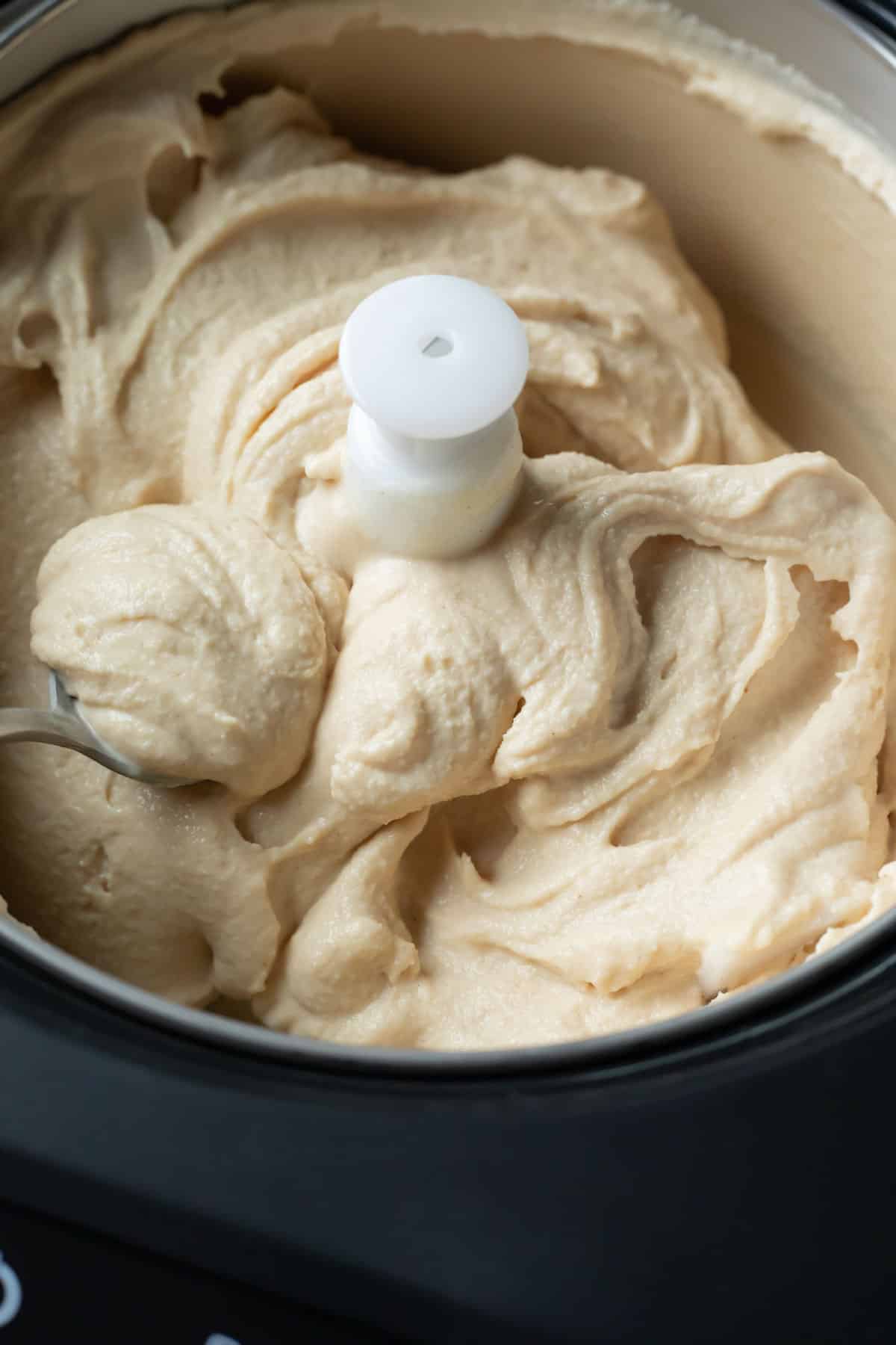 close-up of vegan ice cream in the ice cream maker to show consistency. 