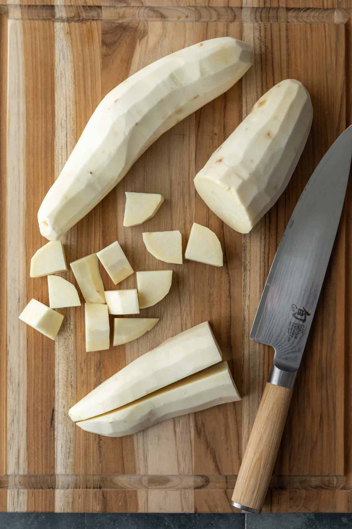 Showing how to easily peel and cut white sweet potatoes.