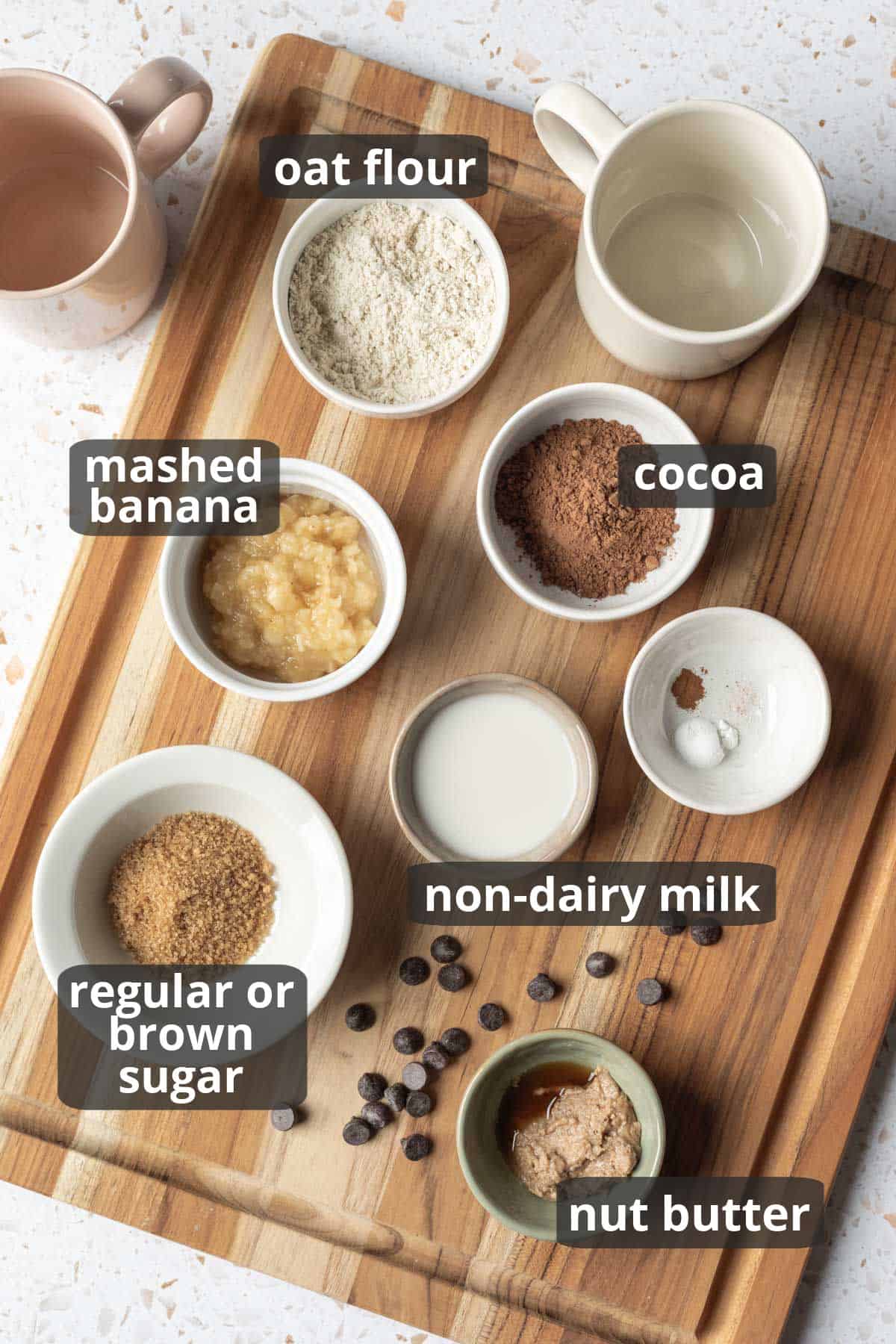 Labeled photo of the ingredients needed for the mug brownie recipe.