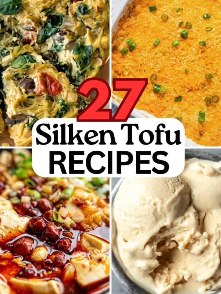 A 4-photo collage with the title text 27 silken tofu recipes in the center.