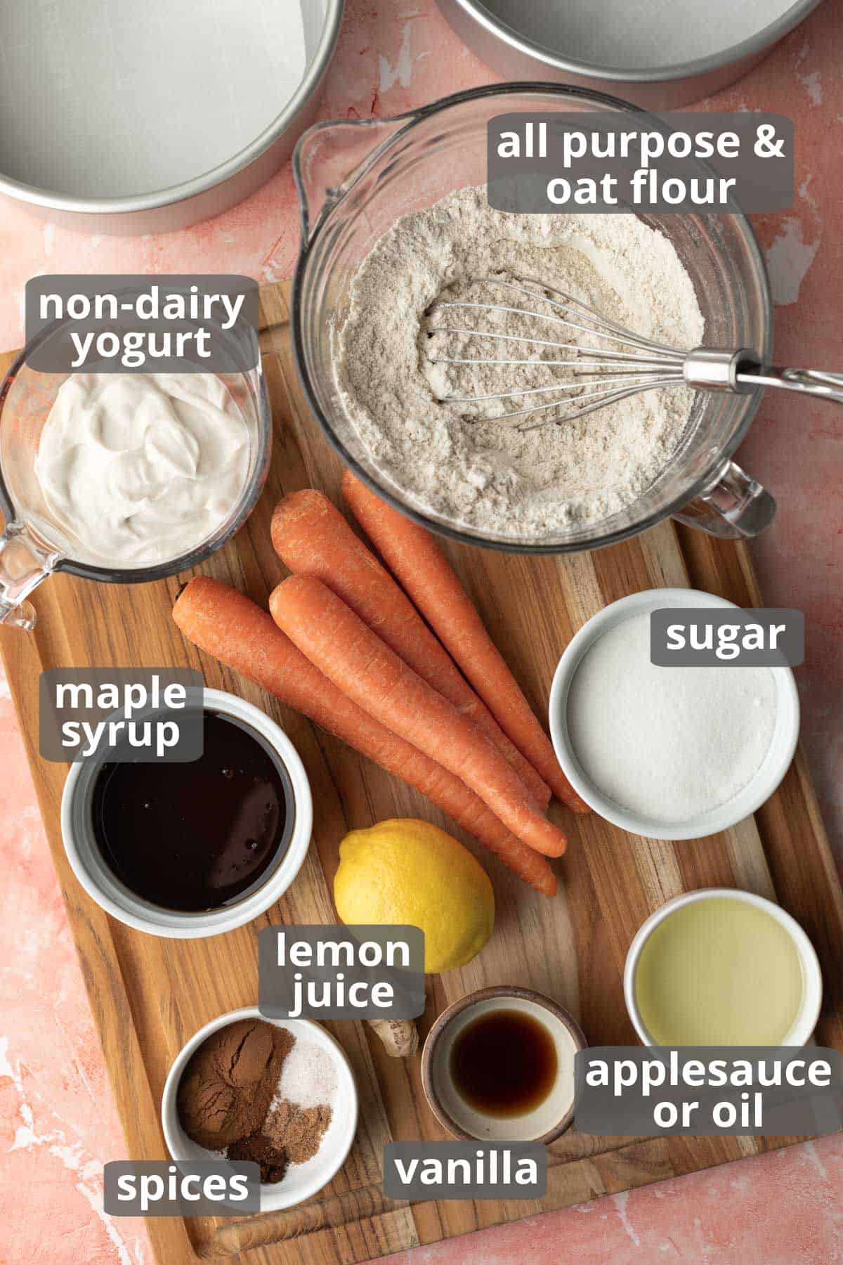 Labeled photo of the ingredients needed to make the carrot cake.