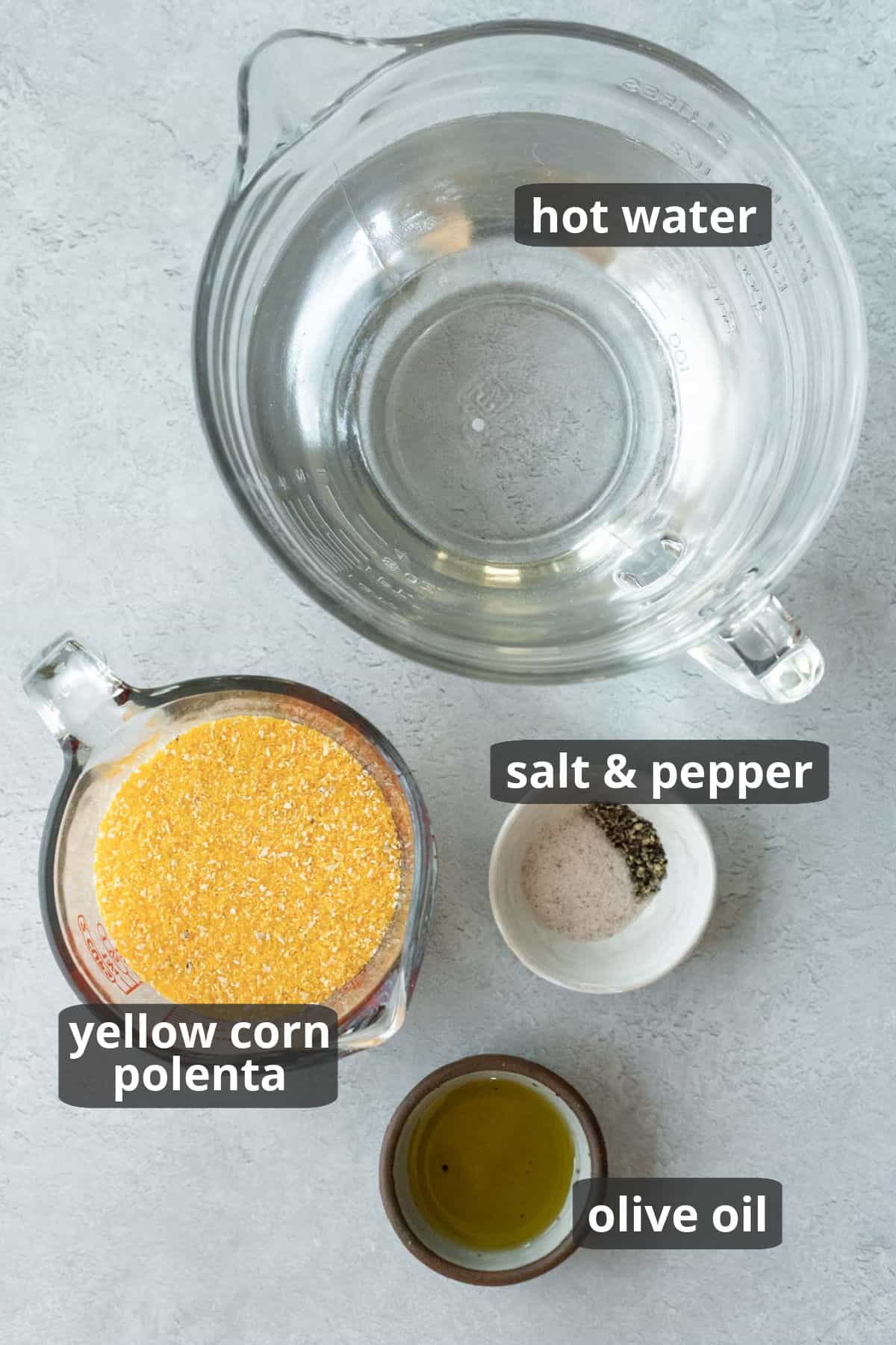A labeled photo of the ingredients needed for vegan polenta.