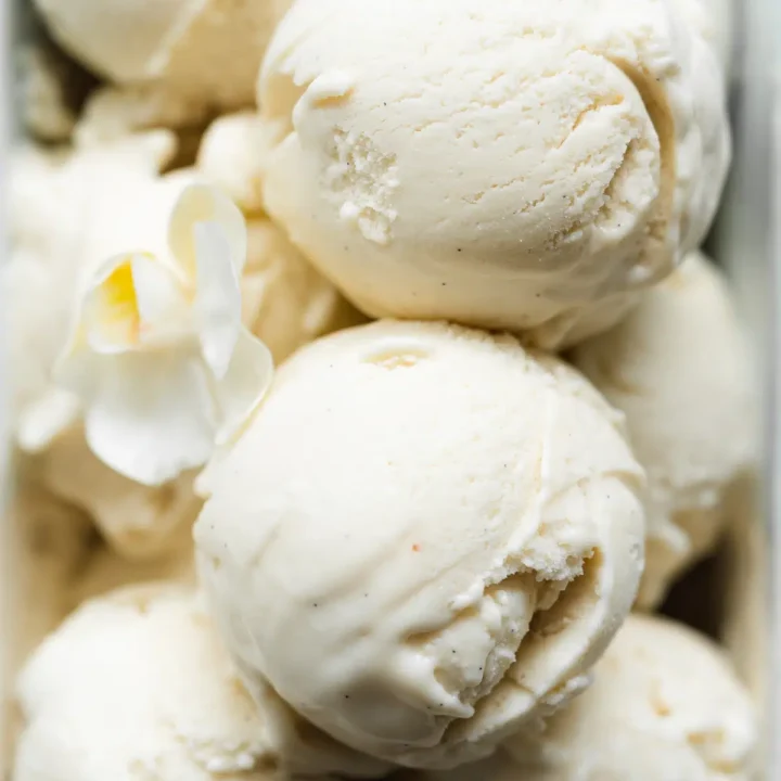 close-up of scoops of vegan vanilla ice cream.